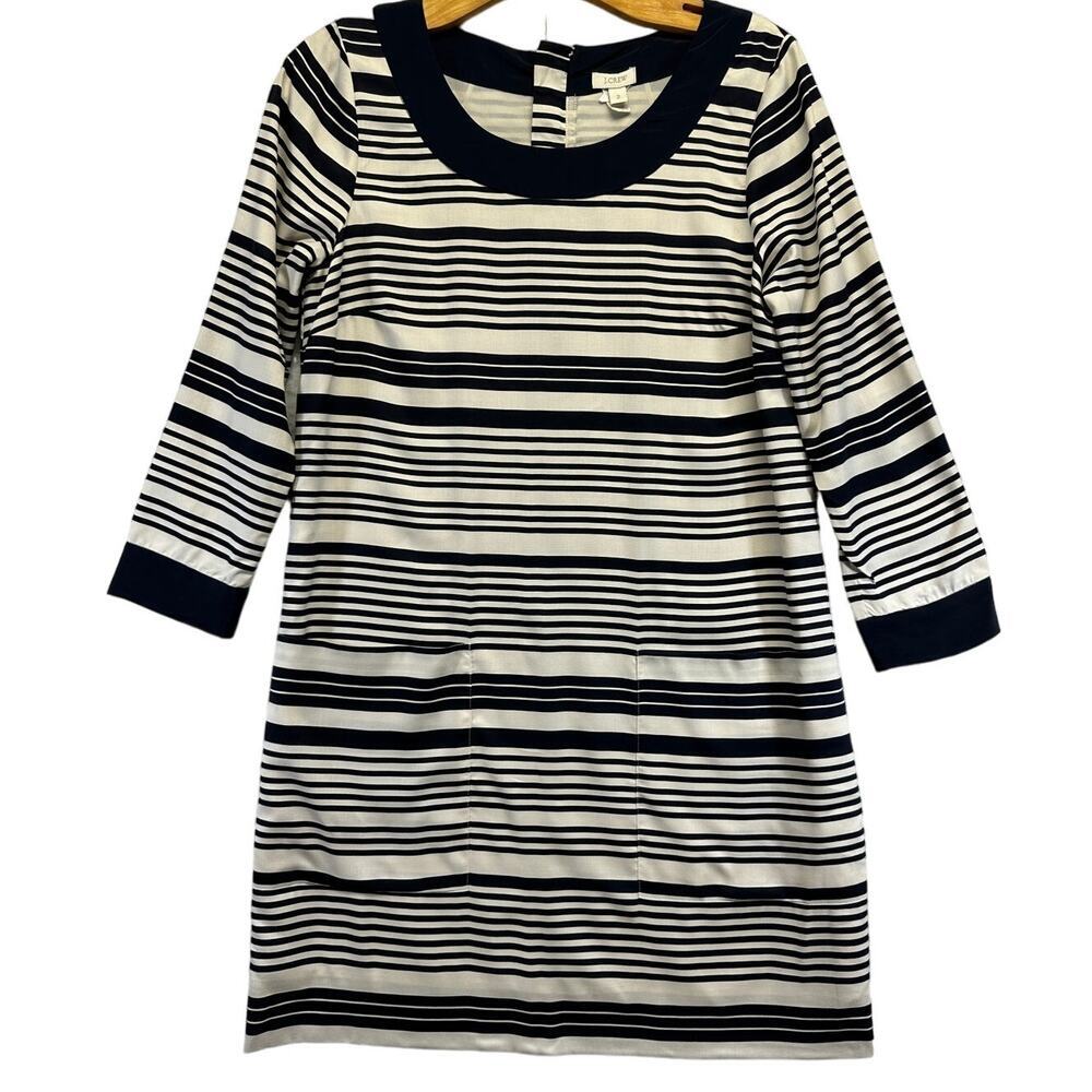 J.Crew Navy Cream Striped 100% Silk Shift Dress 3/4 Sleeve Pockets Size 2